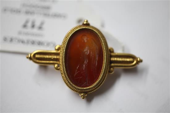 A Victorian Castellani gold and Roman carnelian intaglio archaeological revival style brooch, 49mm.
